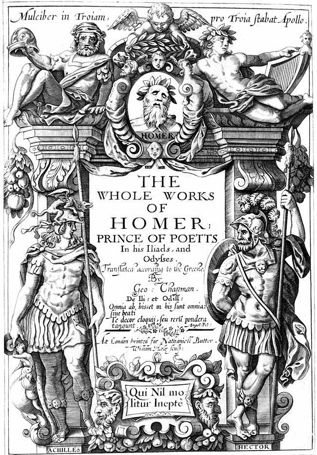 A black and white illustration from a book - George Chapman's translation of The Iliad. There are ornate drawings of soldiers and cherubs around the title.