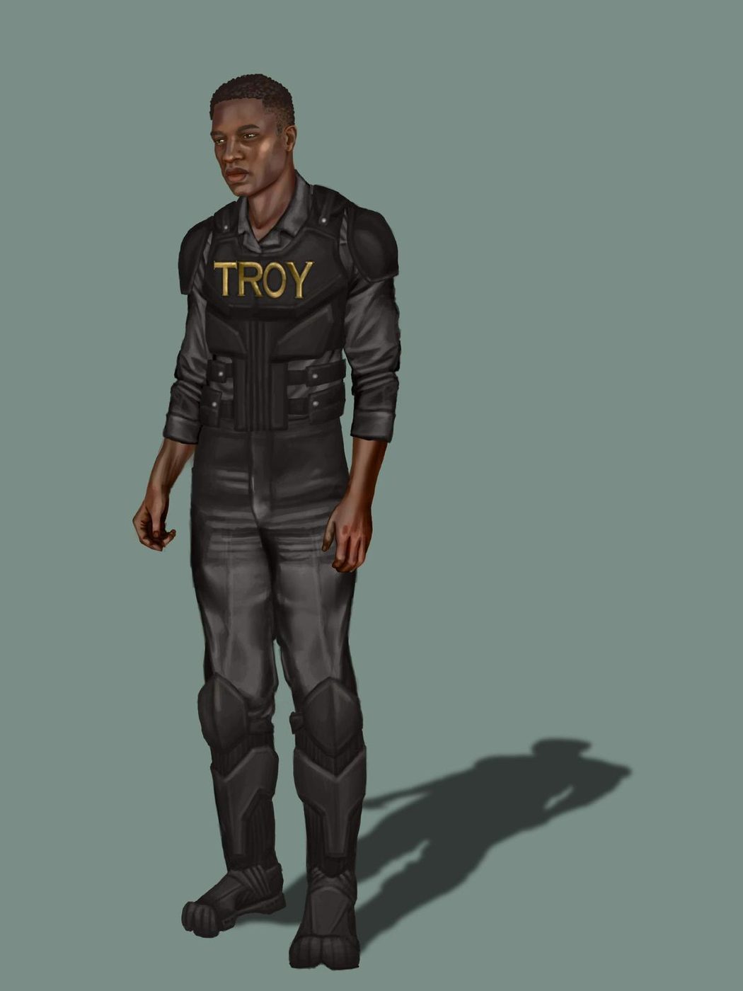 An illustration of a man wearing black combat gear with the word 'Troy' written in gold lettering on the chest.