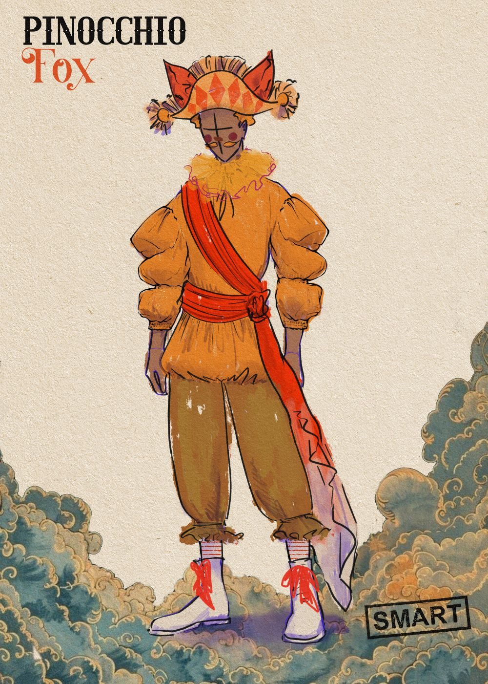 A sketch of a person wearing the costume of Fox in Pinocchio. They are wearing an orange admiral's hat with fox ears poking out of the top; an orange ruff, tunic and leggings, an orange sash and white boots.