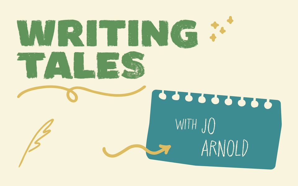 'Writing Tales with Jo Arnold' on a cream background with yellow doodles and a teal notepad.