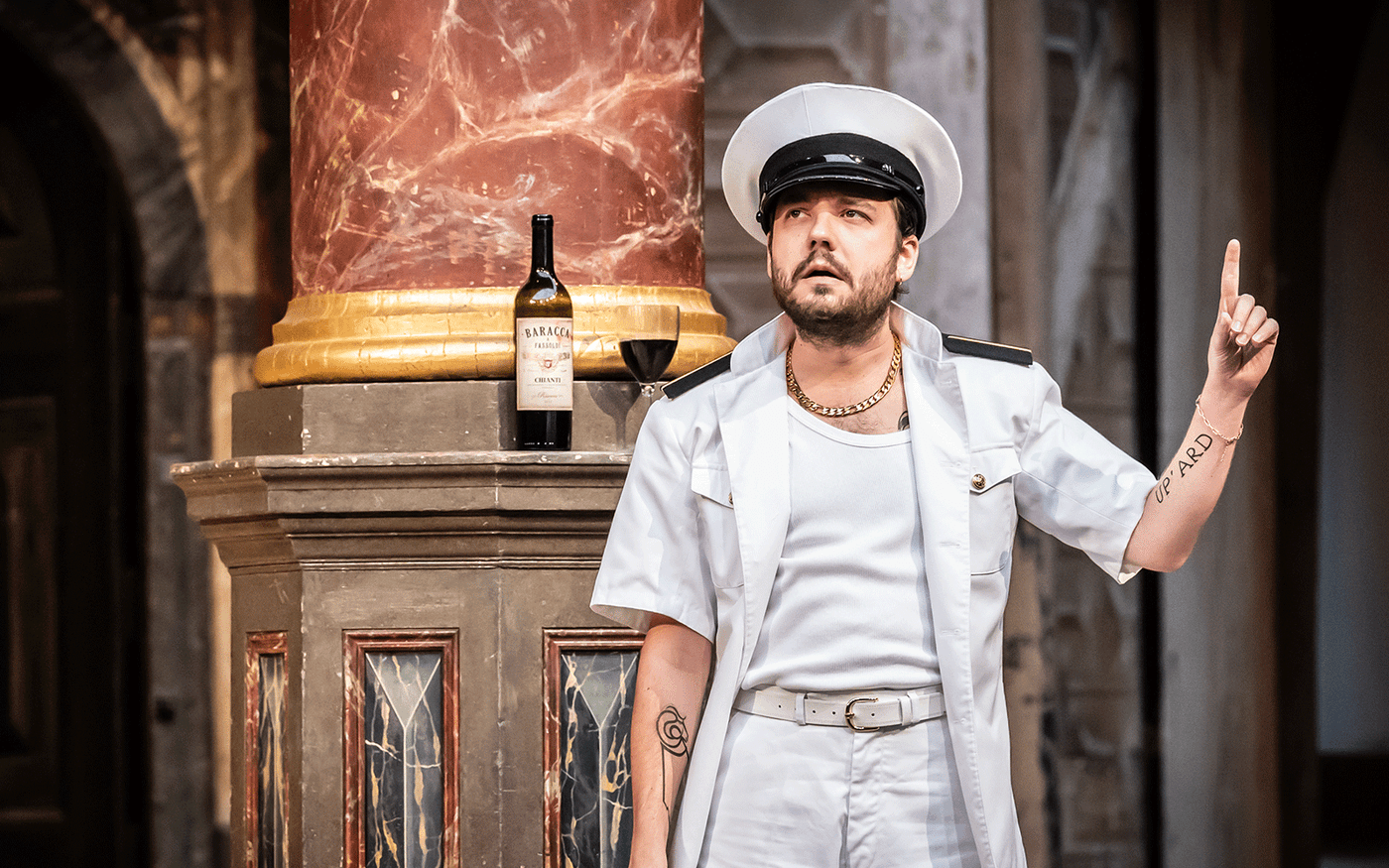 George Fouracres as Stefano in The Tempest. Photographer: Marc Brenner.
