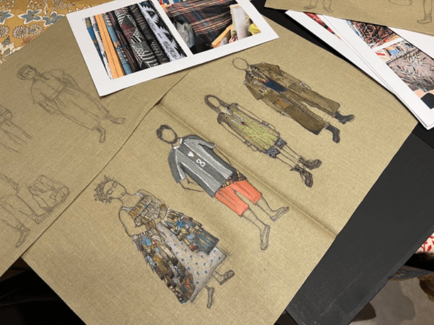 Designs of four character costumes for The Tempest.