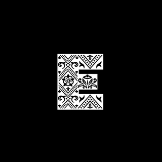 Stylised white letter 'E' on a black background